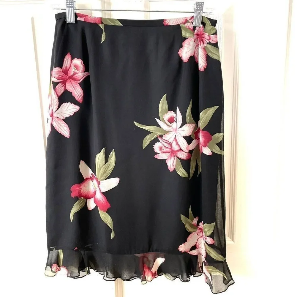 Carlisle black silk skirt w/ pink flower